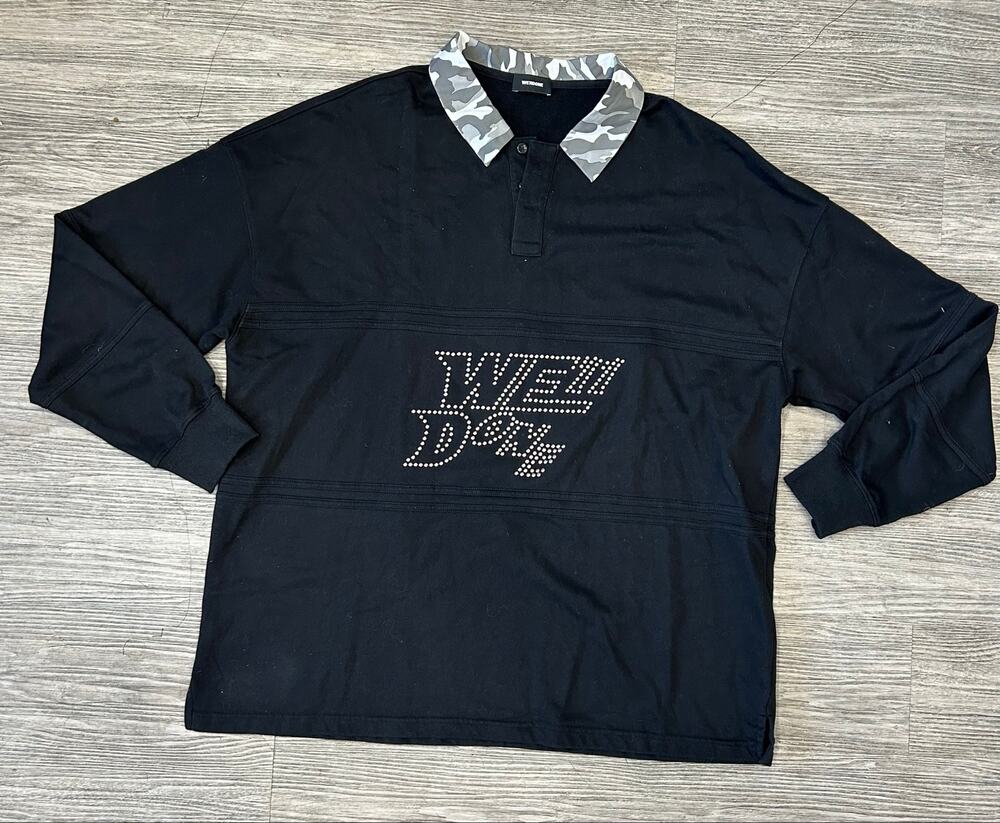 WE11DONE Oversized Long Sleeve Polo Sweatshirt Black Camo Collar Stud Logo XL